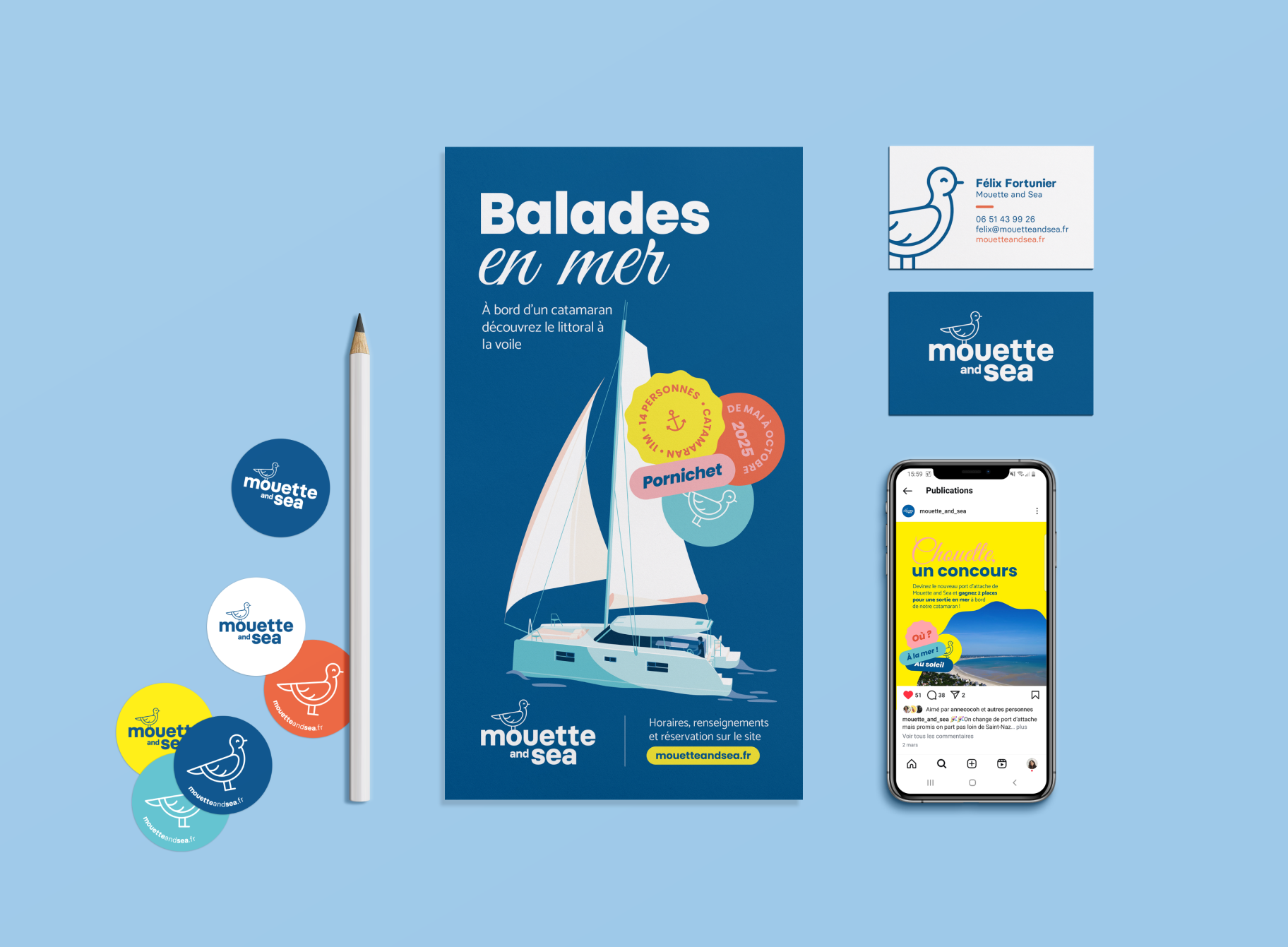 Stickers, flyer, carte de visite et post instagram réalisés pour Mouette and Sea